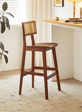 斯堪的纳维亚覆古藤条实木酒吧椅岛椅高凳家庭咖啡餐厅靠背中世纪