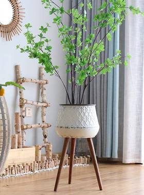 北欧复古做旧铁艺白色花盆装饰落地实木支架铁桶花架摆件绿植盆栽