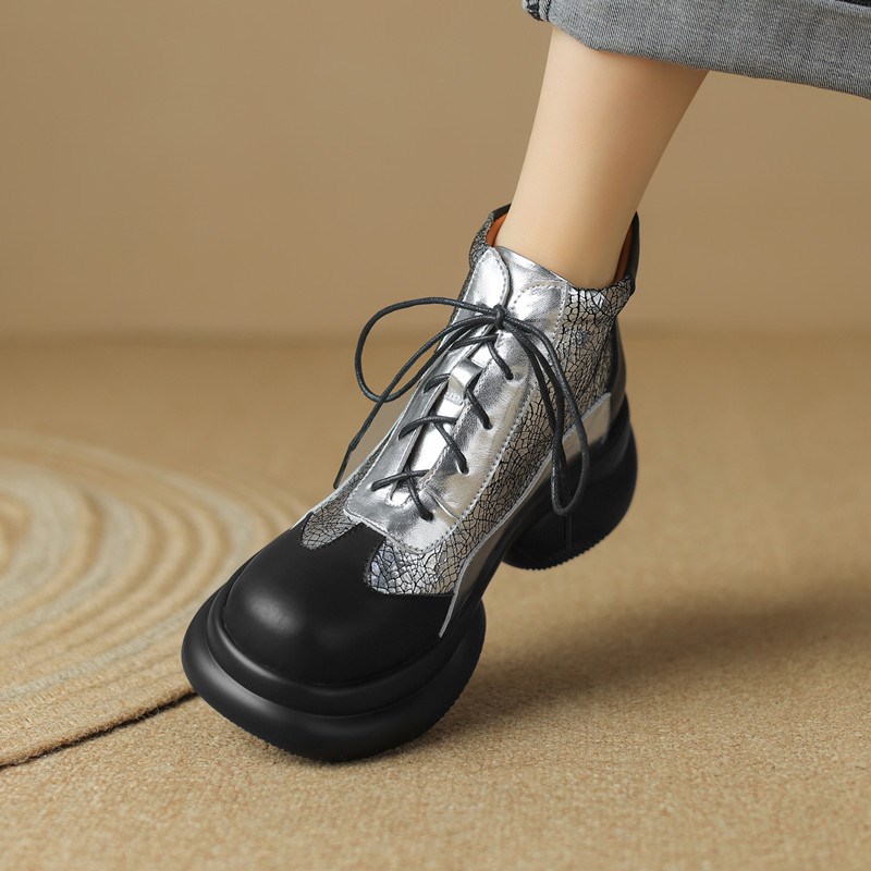 2023冬新款真皮厚n底系带银色马丁靴女粗跟松糕底圆头拼色复古短