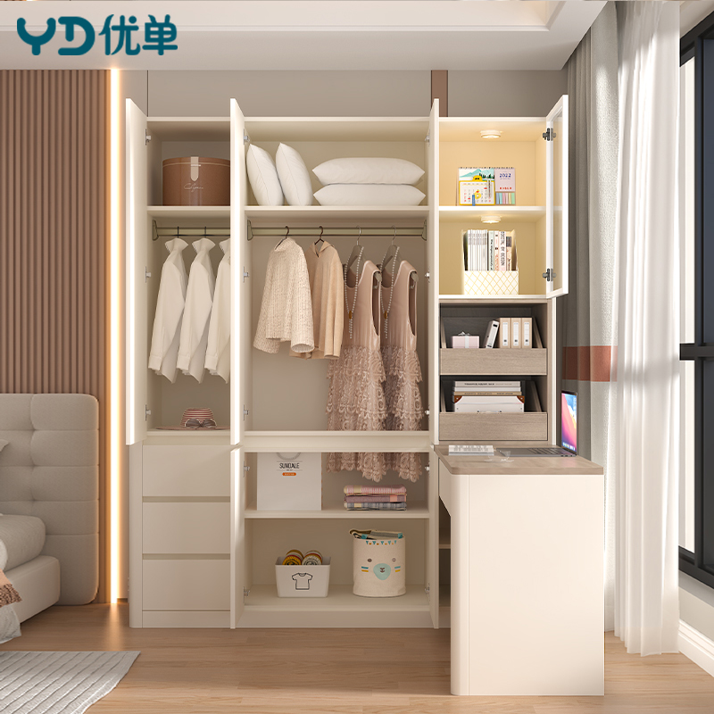 奶油风衣柜连书桌一体落地衣柜卧室家用多功能L型书桌书架定制