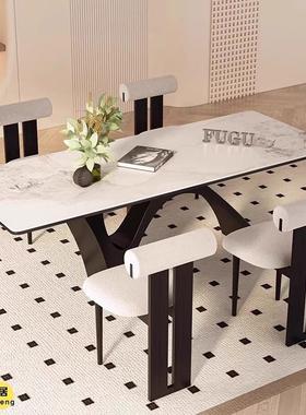 现代岩板餐桌椅小户型家用长方形吃饭桌中古风客厅餐桌泡茶桌一体