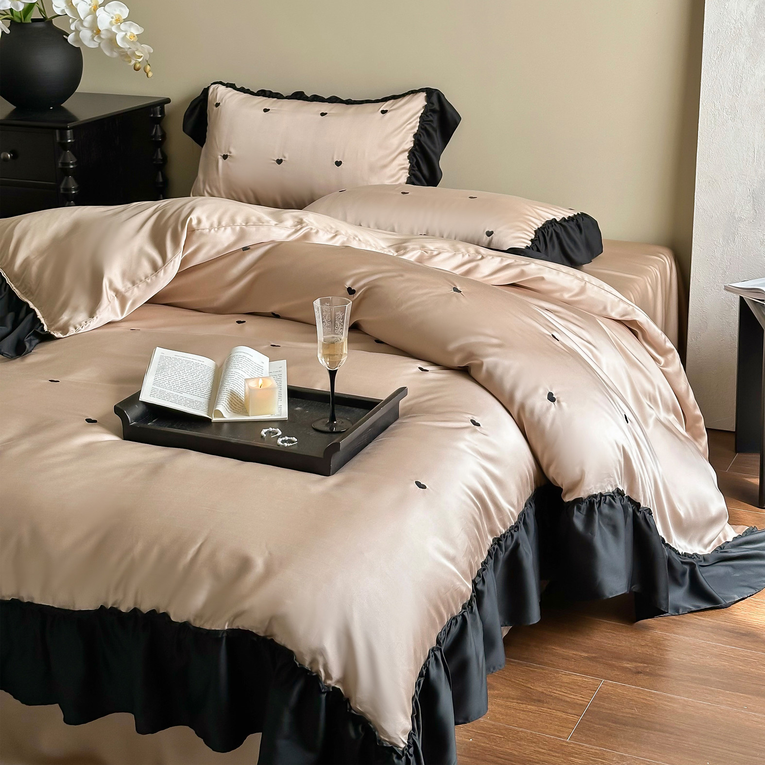 星尘迷梦法式复古爱心刺绣夏季天E丝四件套莱赛尔宽花边被套床