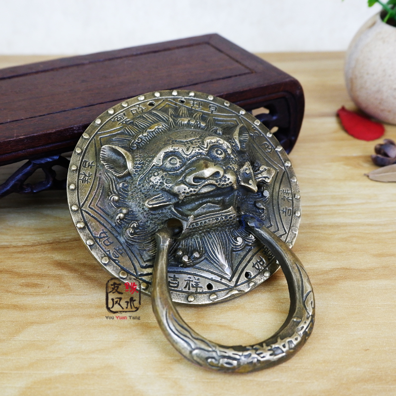 纯铜兽头门环拉手 仿古狮头睚眦狮咬剑大门 N鎮宅化擋煞复古门把