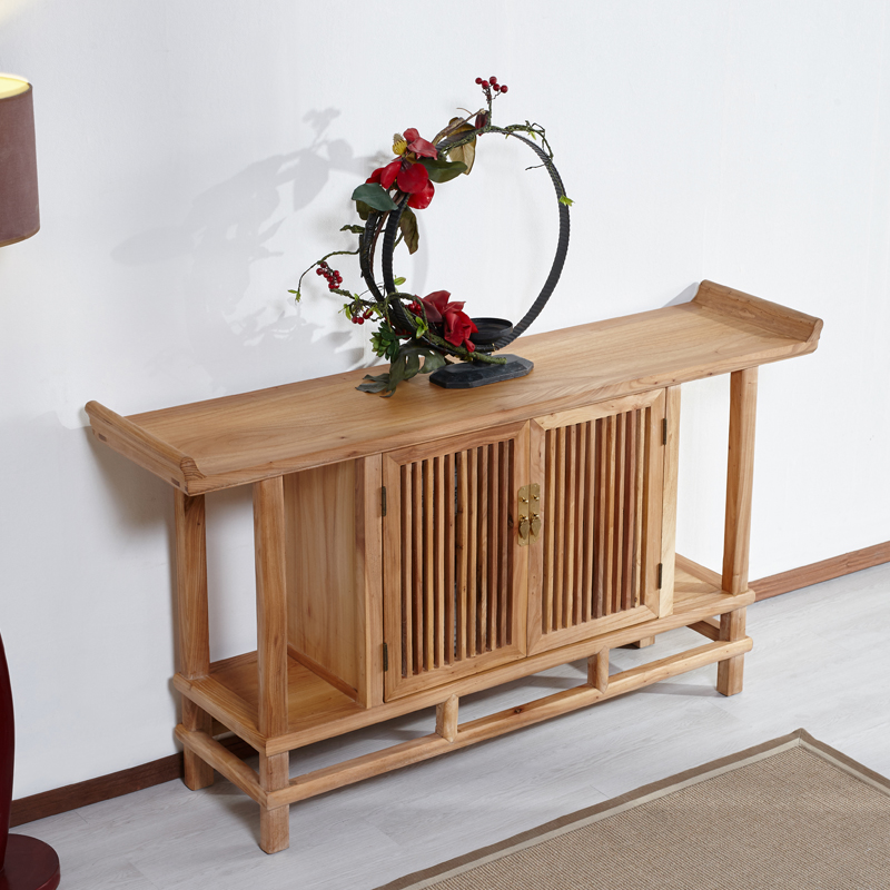 新中式实木玄关柜禅意老榆木w门厅装饰隔断供桌现代简约翘头储物