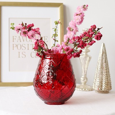 大红色玻璃c花瓶复古海棠花图案大肚瓶新婚喜庆摆件客厅装饰插花