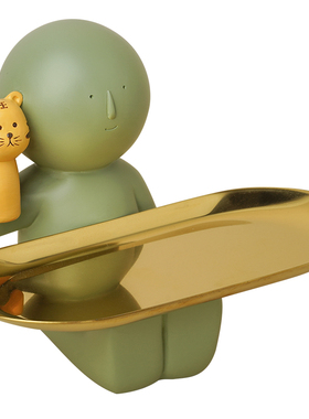 栀美家 光头小人手偶小老虎收纳托盘 进门玄关钥匙置物盘装饰摆件