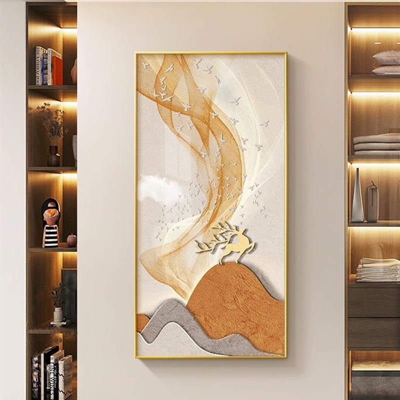 入户玄关轻奢麋鹿挂画走廊过道肌A理感装饰画现代简约晶瓷高档壁图片