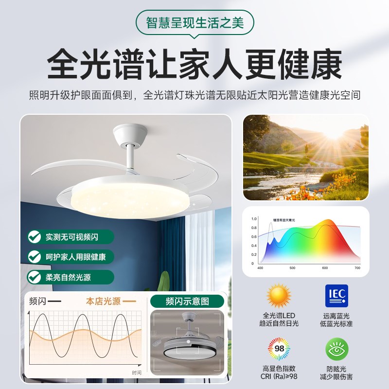 风扇灯2025新款客厅餐厅u家用房间一体吊扇灯全光谱隐形静音电扇