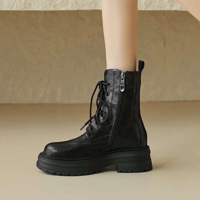 2023冬新款真皮厚n底圆头系带显瘦马丁靴女坡跟松糕底棕色复古短