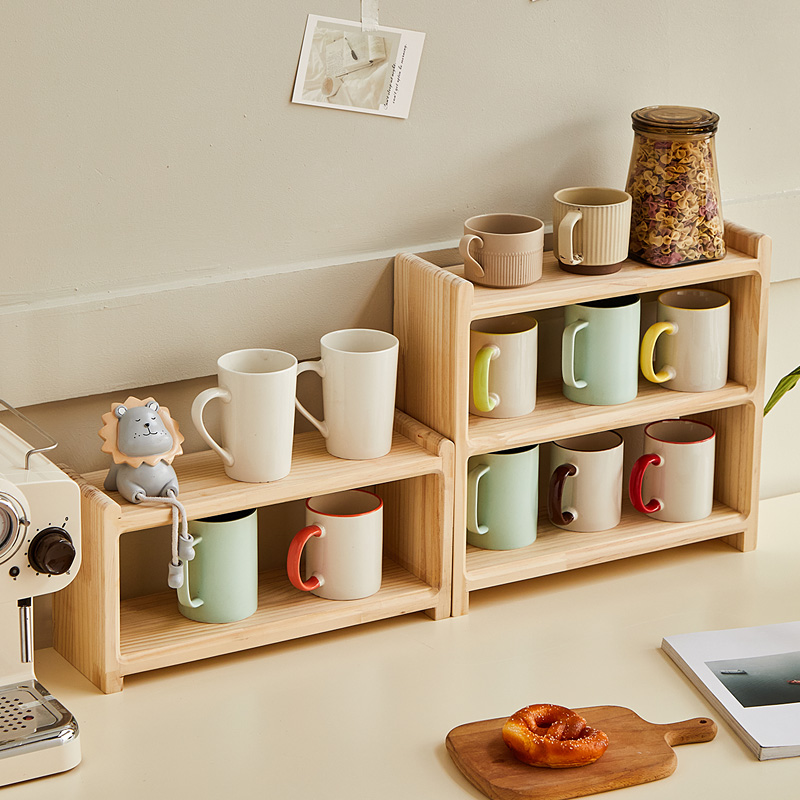 实木樱桃色日式茶具咖啡杯v子桌面双层置物架杯架厨房收纳架格子