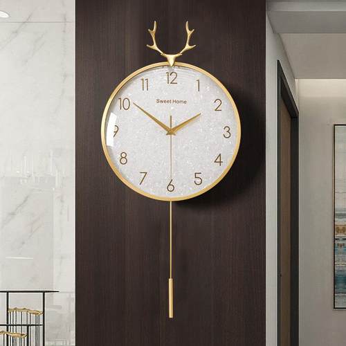 现代简约挂钟家用客厅装饰壁钟时尚静音表挂墙创意高端黄铜石英钟