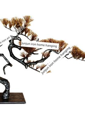 新中式迎客松铁艺玄关样板间落地金属底座摆件树雕塑艺术工艺装饰