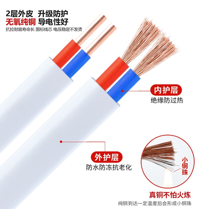国标纯铜电线软线家用白m色护套线RVVB2 3芯1.5 2.5 4 6平方双芯