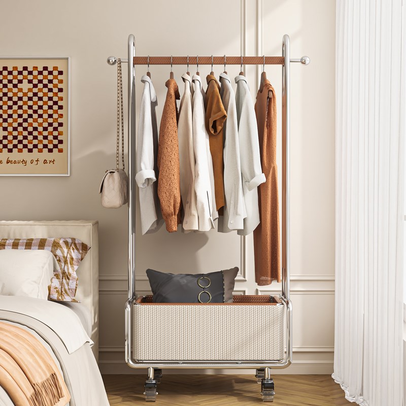 不锈钢落地卧室衣帽架隔夜衣收纳架皮革轻奢挂衣架移X动家用置物