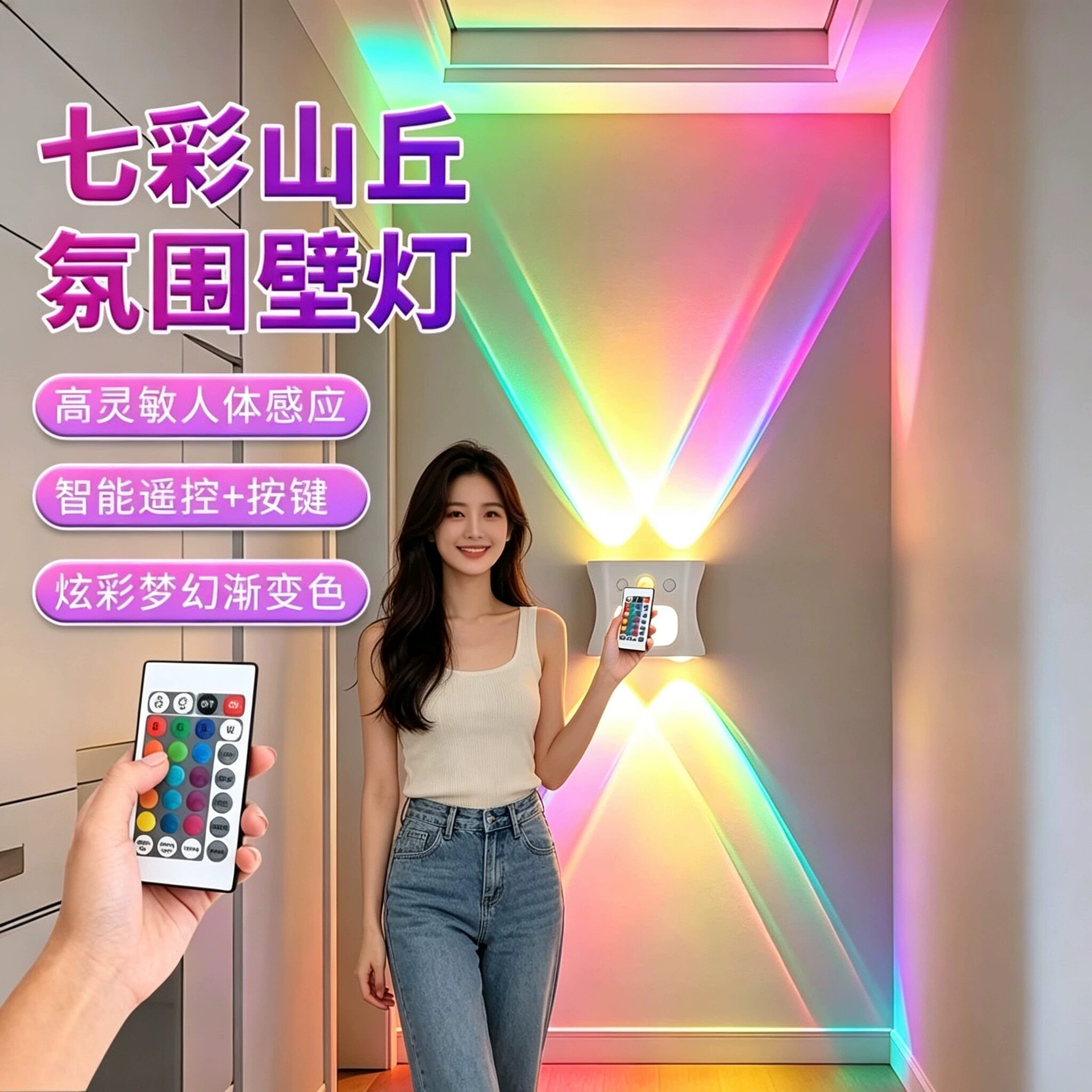 新款RGB渐变氛围小夜灯智能人体感应充电式磁吸射灯猫眼壁灯