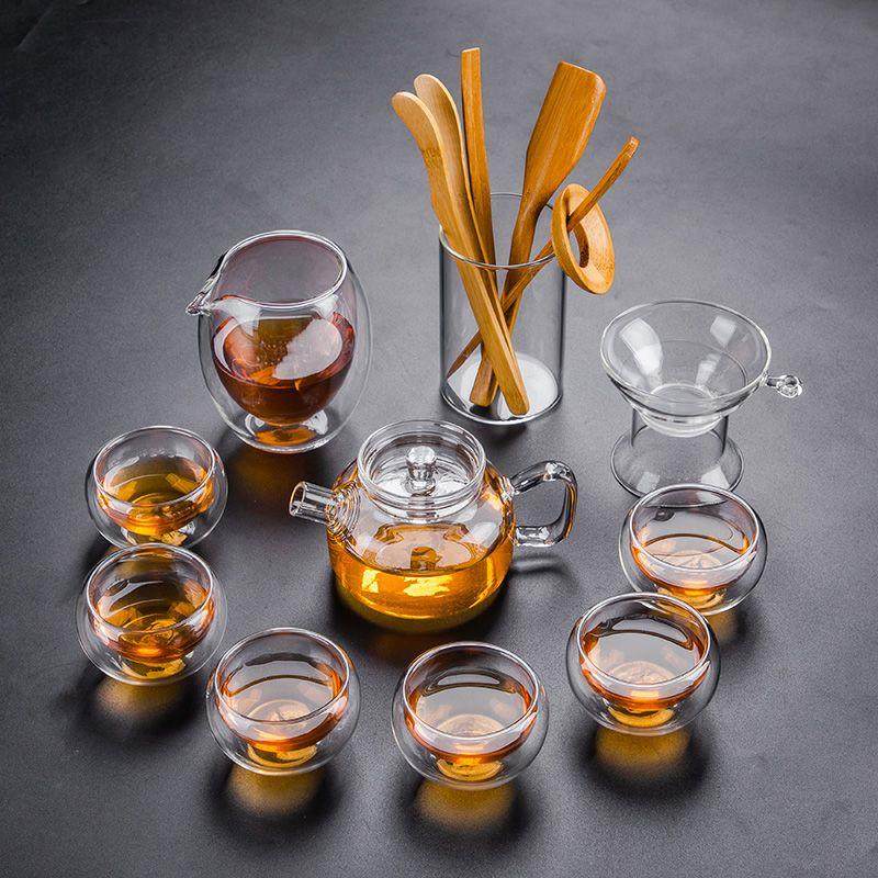 功夫茶杯双层喝茶泡茶壶防烫透明玻璃茶具套装带茶盘家用日式简约