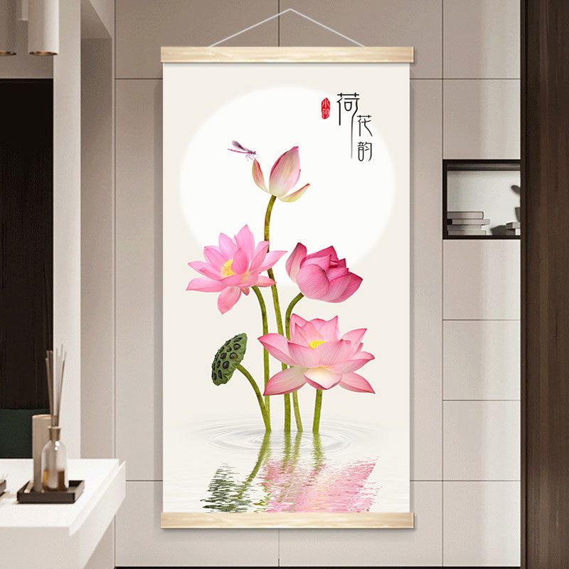 新中式荷花玄关装饰画客厅背景墙沙发餐厅现代简约布艺油画挂轴画图片