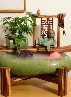 招财循环流水摆件水风轮中式家居鱼缸办公室桌面水景开业乔迁礼品