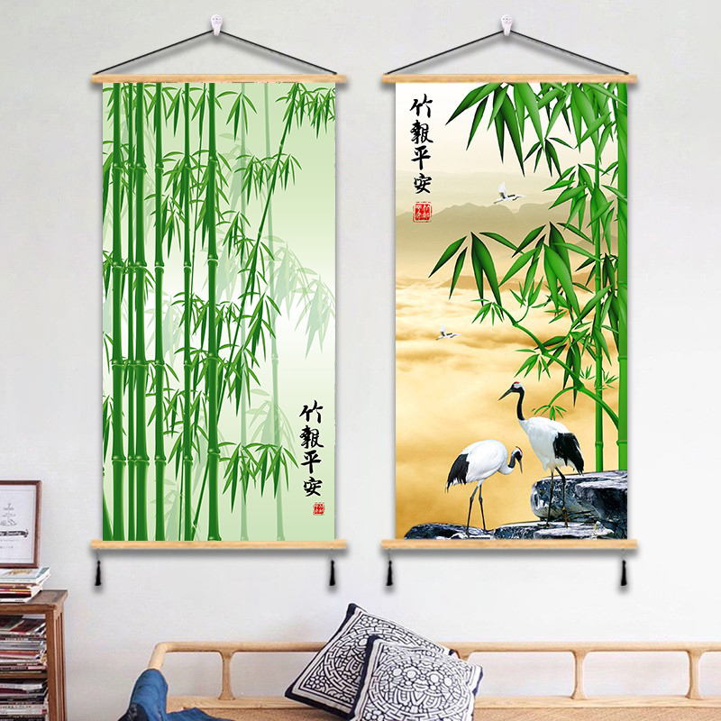 竹报平安免钉挂画荷花鸟九鱼装饰画E实木玄关画民宿客厅布艺墙壁图片