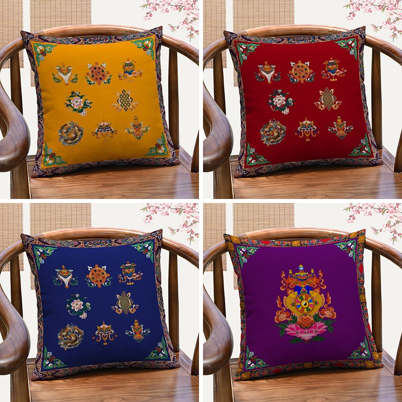 藏式吉祥八宝客厅靠垫中式民族风办公室抱M枕红木沙发茶室靠枕含