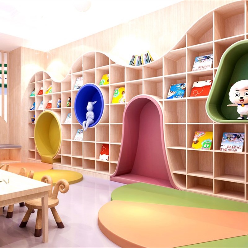 简约整墙设计儿童区书架幼儿园绘本馆阅读室展厅展架弧形拱门书柜