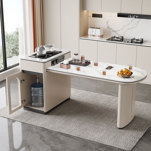 轻奢奶油风岩板岛台餐桌茶台一体可伸缩小户型高端家用餐厅中导台