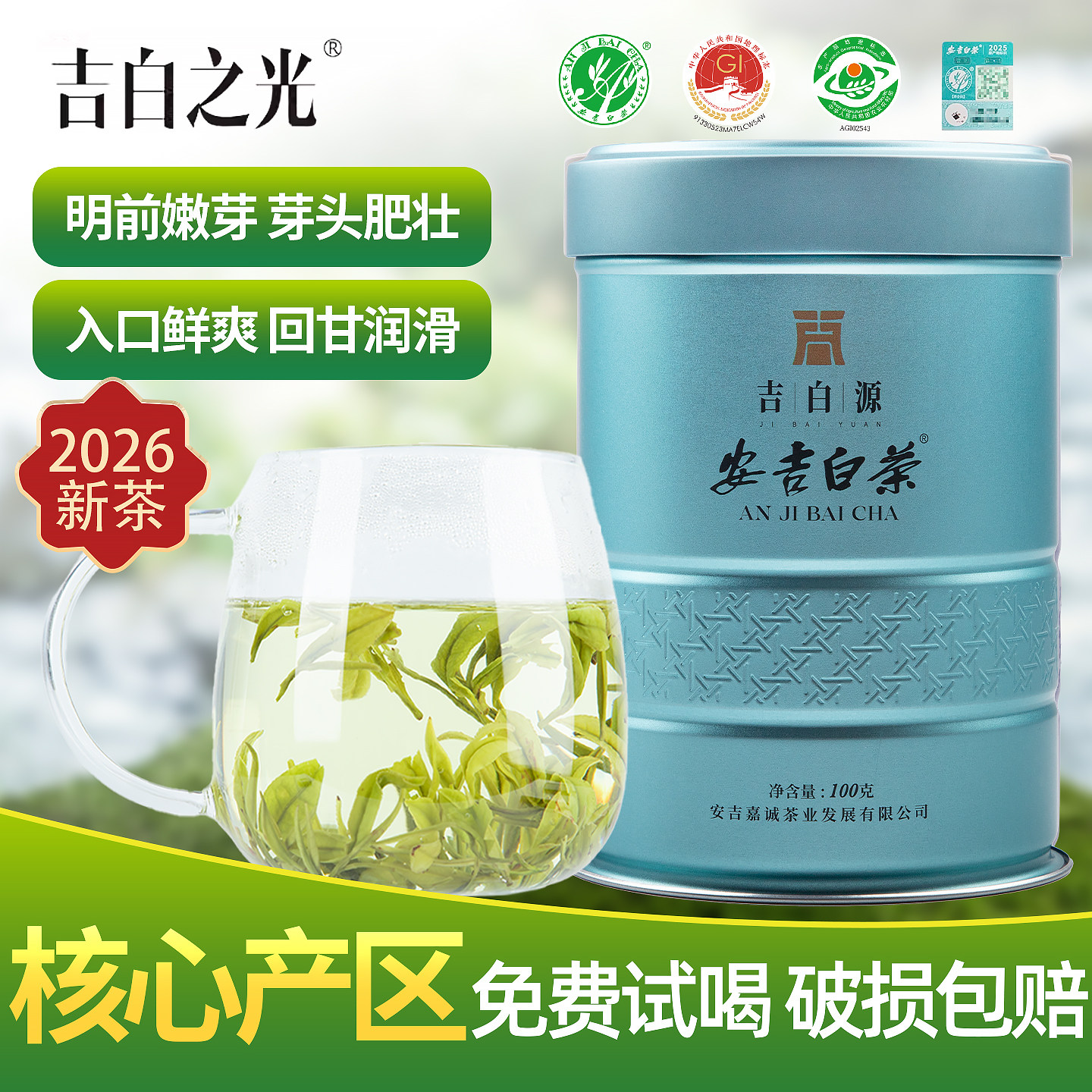 2026新茶上市吉白之光原产地安吉白茶明前一级罐装高山绿茶春茶叶