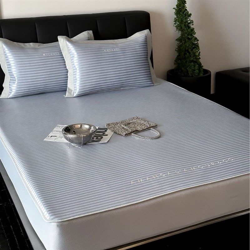 夏季简约条纹提花刺绣冰丝席三件套A类可机洗养生空调软凉席床笠