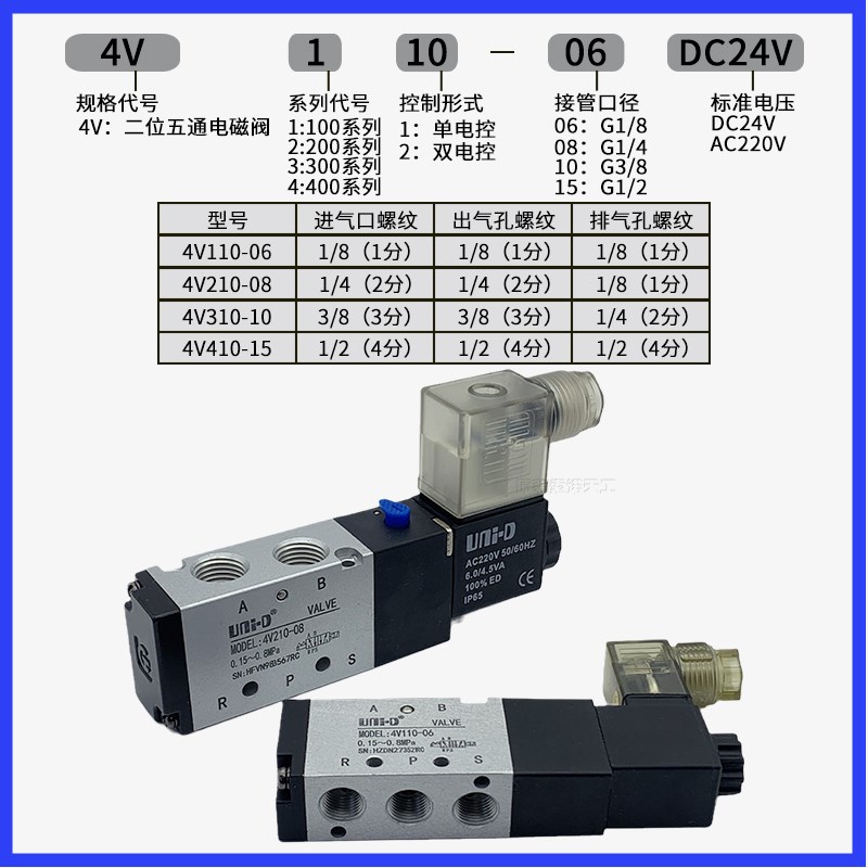 UNI-D索诺天工气动电磁阀4V210-08二位五通换向4V110-06/4V310-10