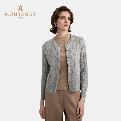 圆领绵羊毛开衫老钱风螺纹长袖