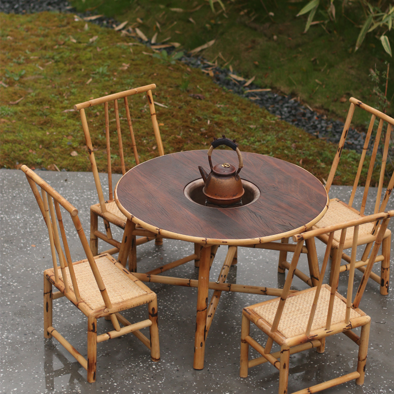 网红煮茶碳炉小圆桌炭炉茶桌围炉煮茶F几家用小茶台实木阳台餐椅