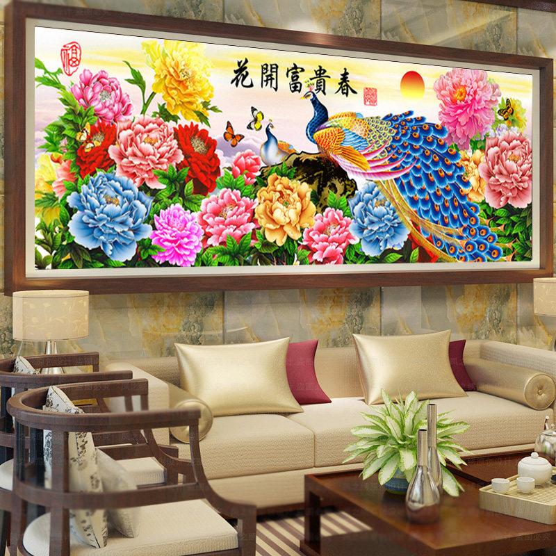 孔雀牡丹钻石画满钻客厅风景全粘砖石绣十字绣2024新款花开富贵春