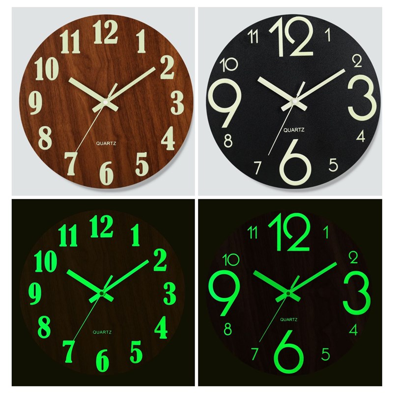12英寸木板木制夜光挂钟静音时钟中纤板木纹创意发光荧光钟表