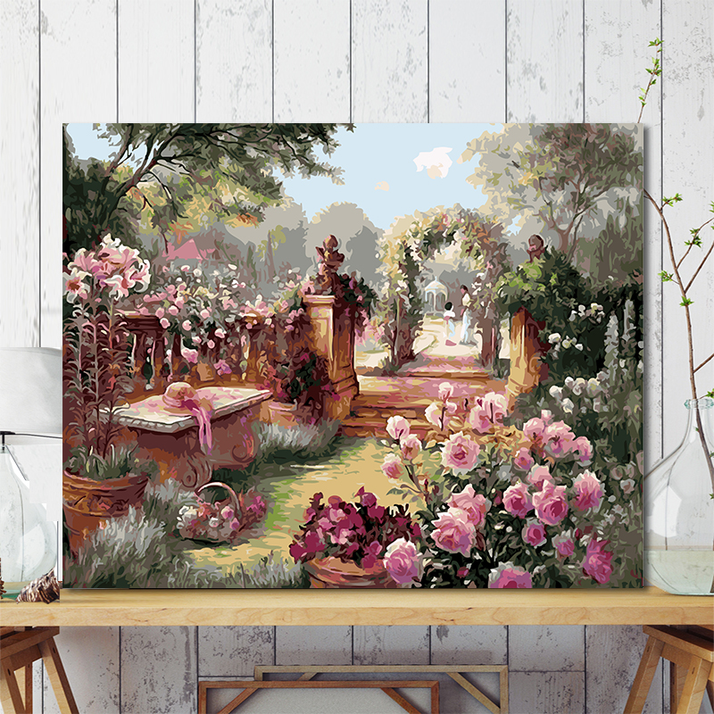 diy数字油画玫瑰园林填充油彩画定制客厅减压手工绘填色画装饰画