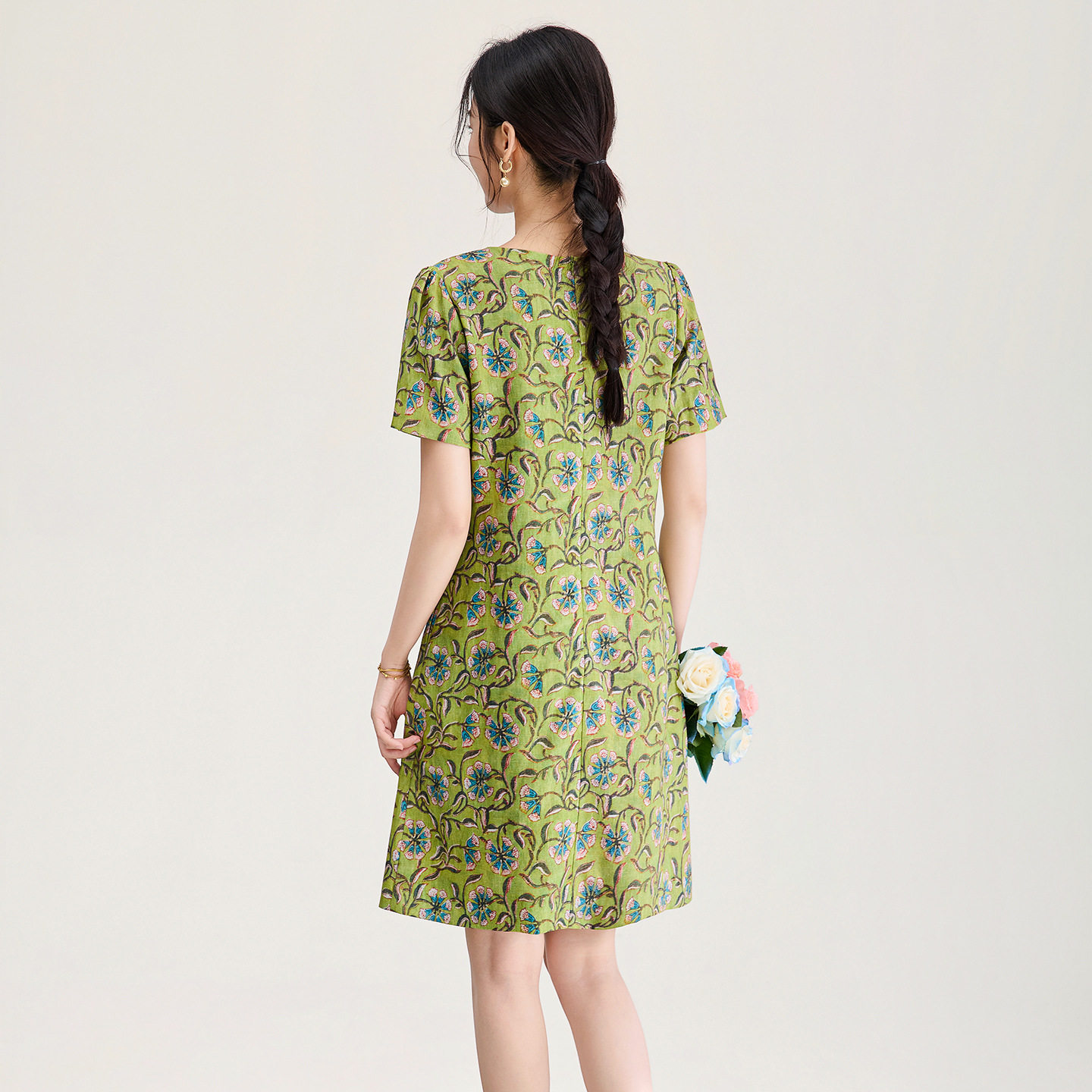 2607510-复古印花天丝麻短袖中长裙夏季修身收腰连衣裙南油女装款