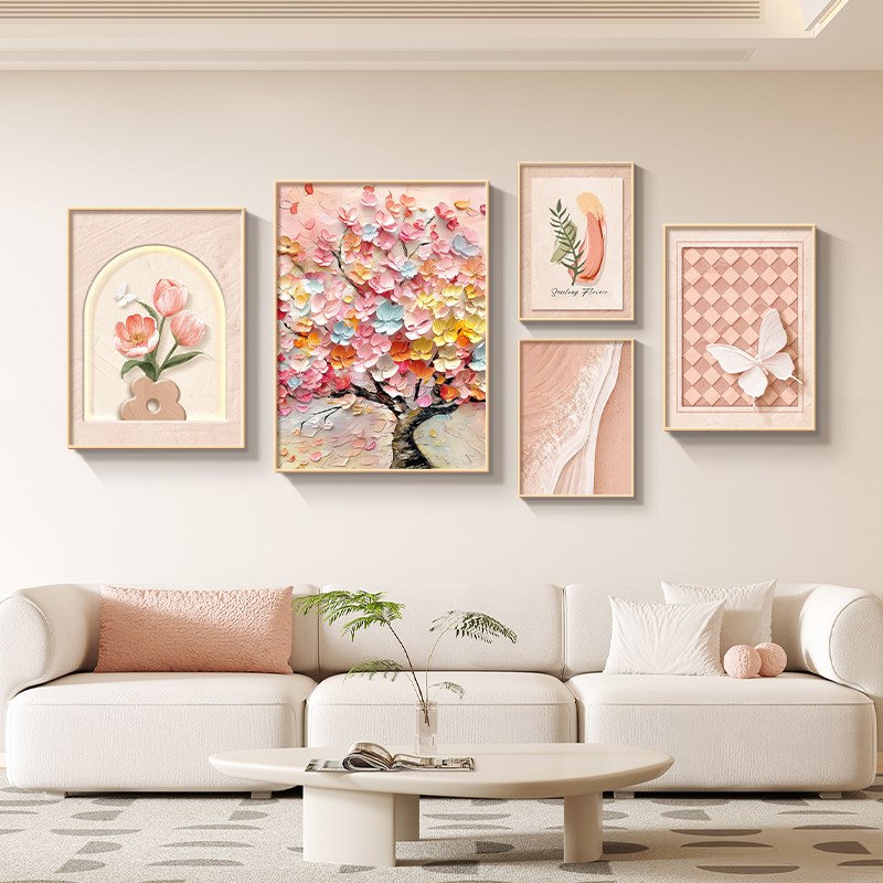 奶油风发财树客厅组合装饰画高档沙发背景墙挂画肌理感大白墙壁画图片