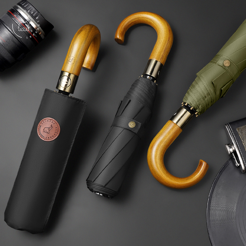 实木柄自动伞折叠全自动雨伞男士8骨加强抗风加固大号三折商务伞