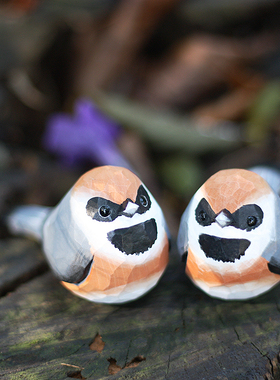 鹿妖商店 肥啾 木雕小鸟 礼物 红头长尾山雀 纯手工 实木桌面摆件