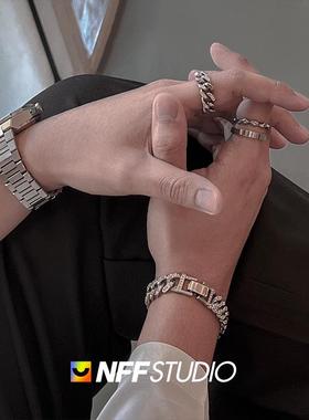 NFF闪烁高级感欧美满钻镶嵌嘻哈潮钛钢古巴手链男ins个性情侣手饰
