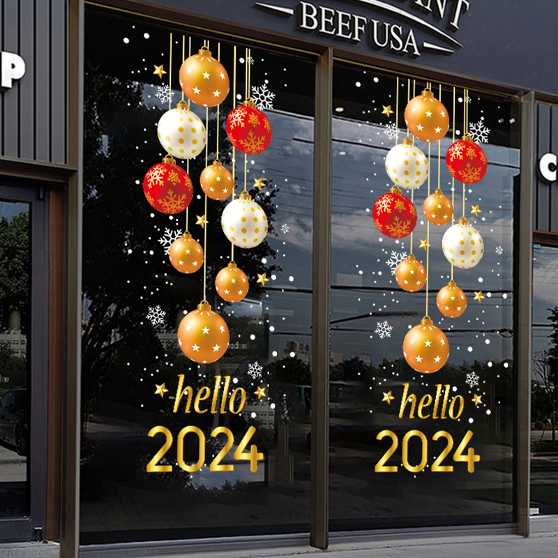 轻奢2024新年门贴耶诞节装饰玻璃贴纸元旦橱窗氛围布X置窗贴静电
