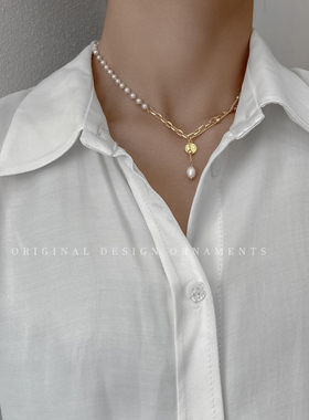 欧美拼接人像珍珠吊坠项链女时尚气质百搭短款锁骨链简约链子配饰