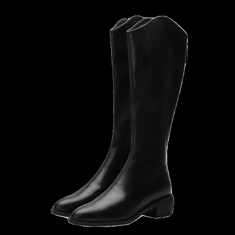 v口长靴女尖头小个子150不过膝高跟西部牛N仔靴子高筒长筒骑士靴