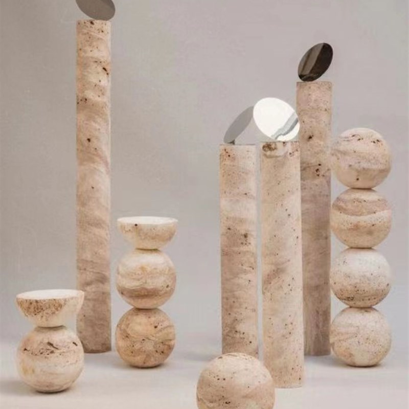 侘寂北欧轻奢风黄洞大q理石圆柱体球形雕塑台卧室书房桌面落地摆