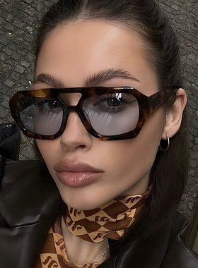 时尚复古欧美跨境太阳镜男女双梁大框百搭墨镜豹纹遮阳眼镜S24084