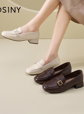 卓诗尼白色粗跟乐福鞋女2026新款春季复古英伦风一脚蹬百搭小皮鞋