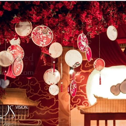 中式婚礼道具装饰布置吊饰挂件古风绣绷套装结婚现场舞台背景板墙
