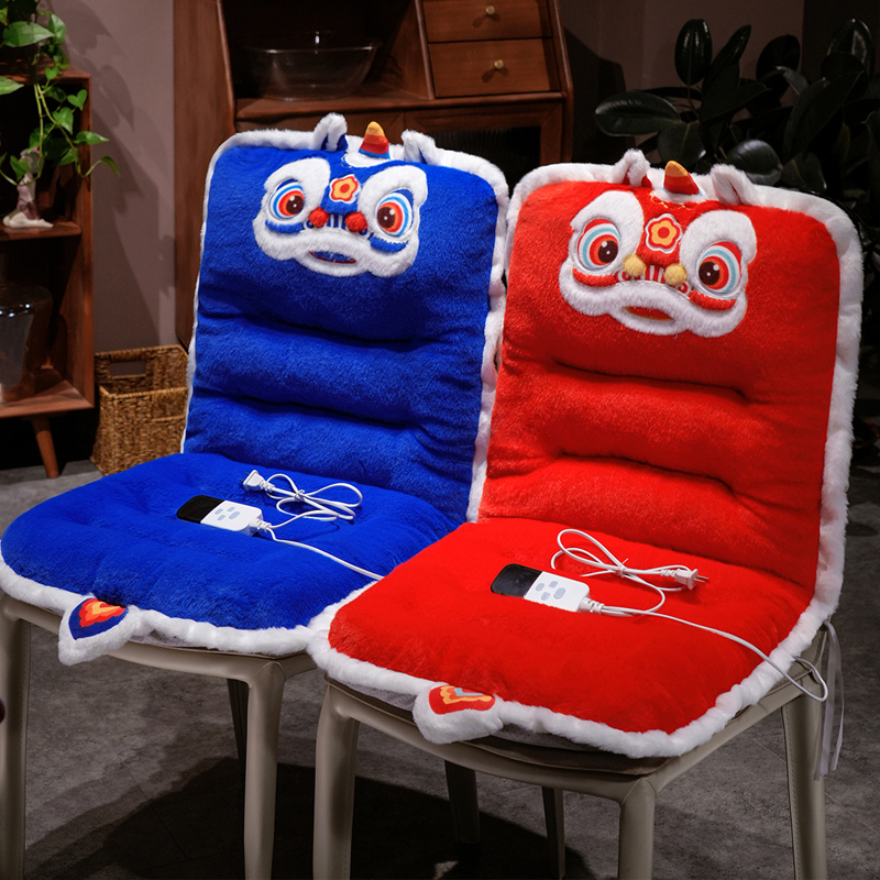 国潮醒狮加热坐垫靠背一体座垫办公室久坐护腰椅子凳子屁股垫冬季