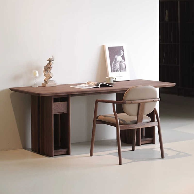北美黑胡桃木茶桌意式极简电脑桌实木写字台高端办公桌家用茶桌