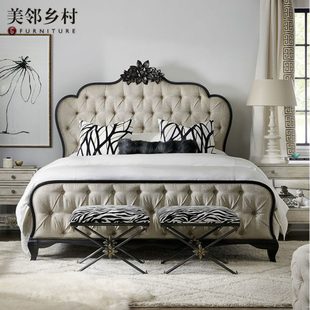 现代开放漆布艺拉扣双人床1.8米1.5米雕花床定制 美邻乡村艺术美式