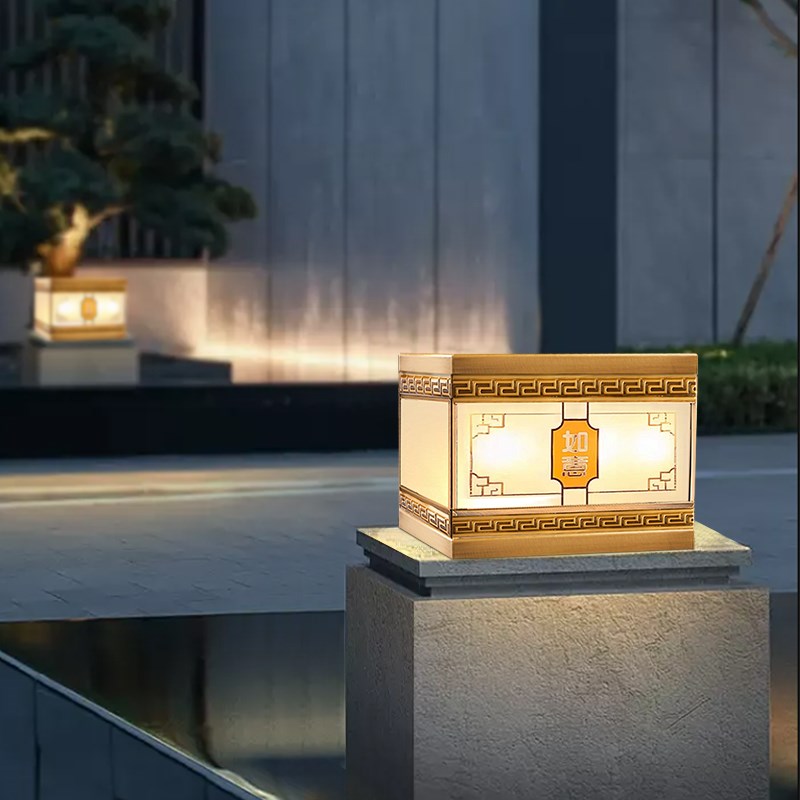 全铜柱头灯大门新中式柱子灯x庭院灯别墅户外防水玻璃太阳能围墙